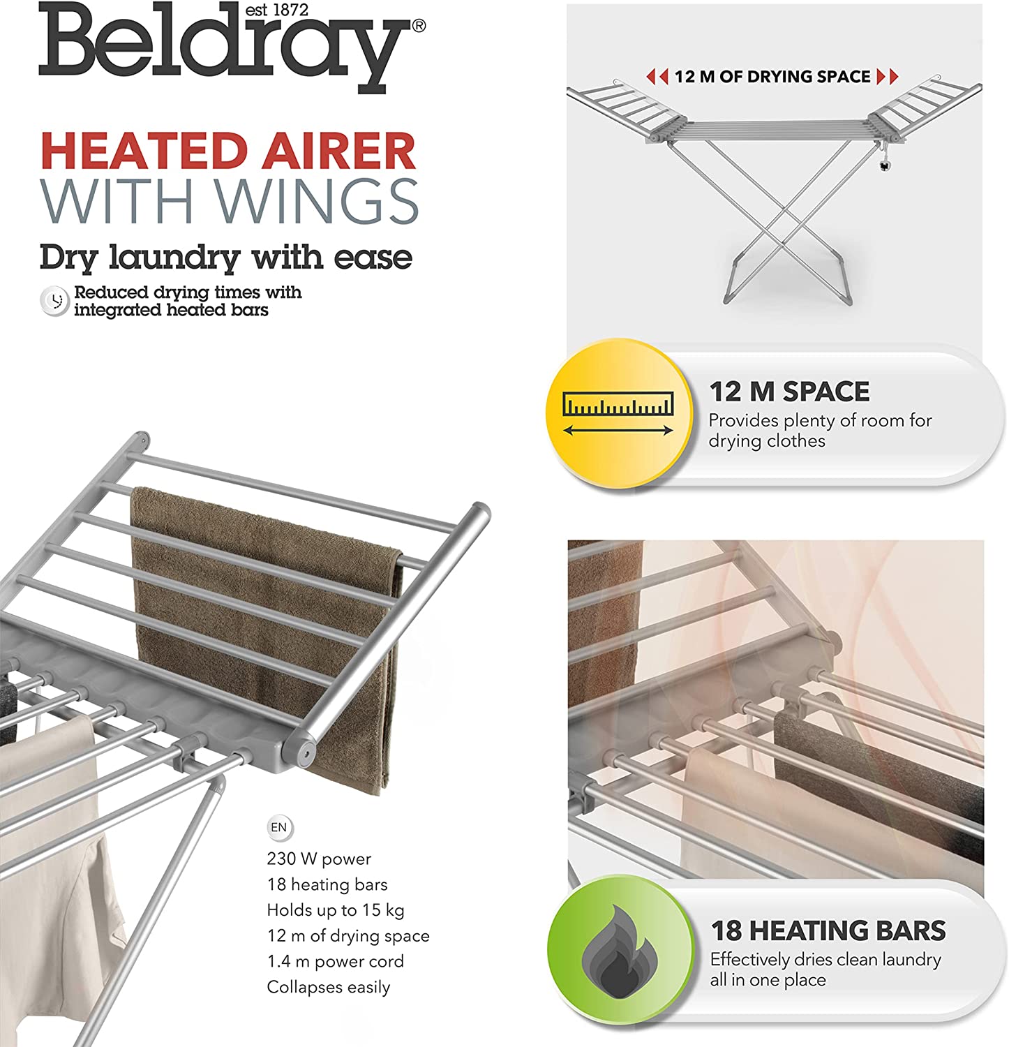 Tendedero calefactable con alas Beldray